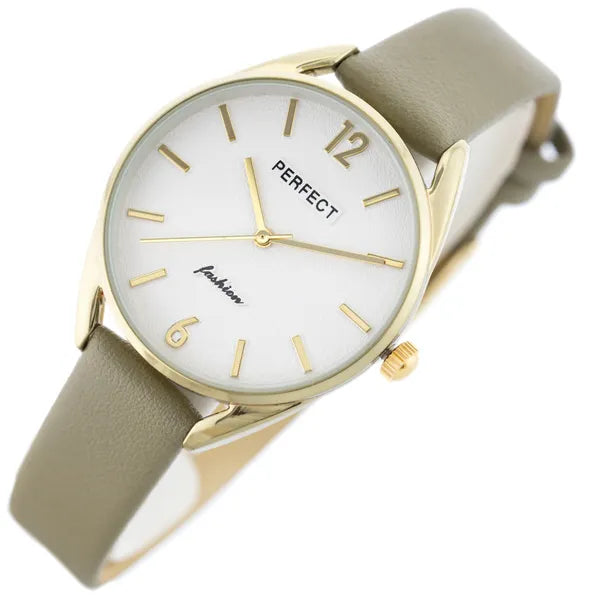 Perfect E347 női karóra, arany tok, olíva bőrszíj, ezüst számlap, 34 mm