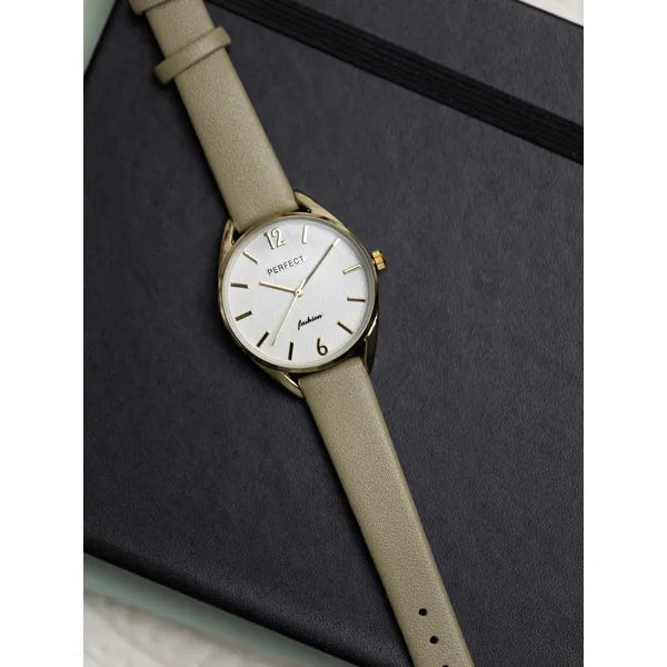 Perfect E347 női karóra, arany tok, olíva bőrszíj, ezüst számlap, 34 mm