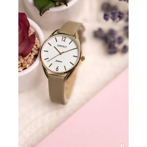 Perfect E347 női karóra, arany tok, olíva bőrszíj, ezüst számlap, 34 mm