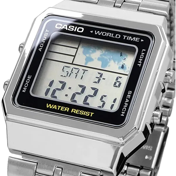 Casio Vintage A500WA-1 férfi digitális karóra, ezüst acél, WR30, LED