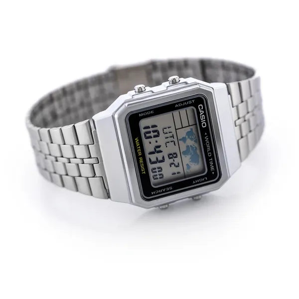 Casio Vintage A500WA-1 férfi digitális karóra, ezüst acél, WR30, LED