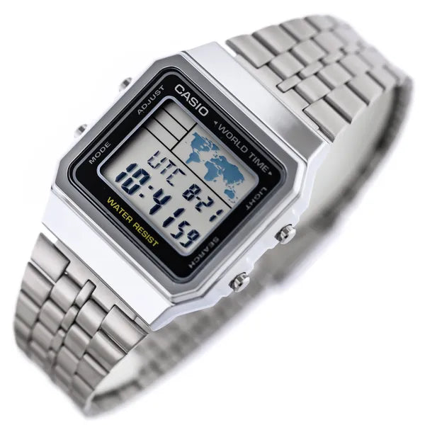 Casio Vintage A500WA-1 férfi digitális karóra, ezüst acél, WR30, LED