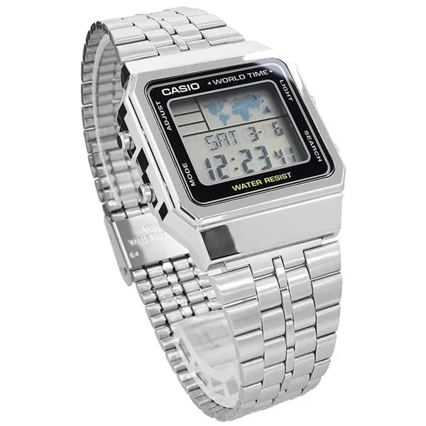 Casio Vintage A500WA-1 férfi digitális karóra, ezüst acél, WR30, LED