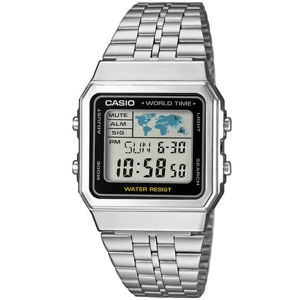 Casio Vintage A500WA-1 férfi digitális karóra, ezüst acél, WR30, LED