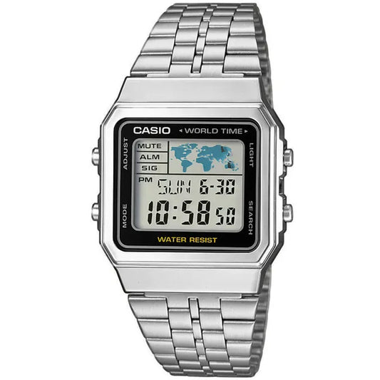 Casio Vintage A500WA-1 férfi digitális karóra, ezüst acél, WR30, LED