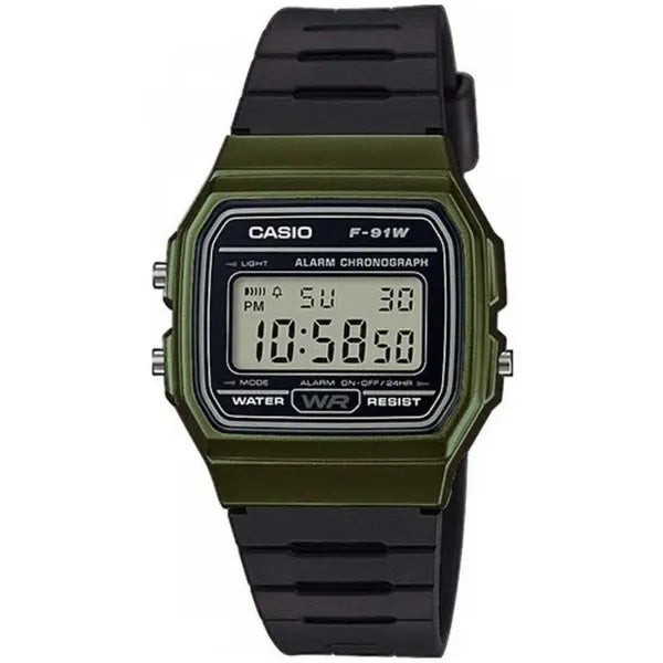 Casio F-91WM-3AER férfi digitális karóra, zöld tok, fekete szíj, 100 m