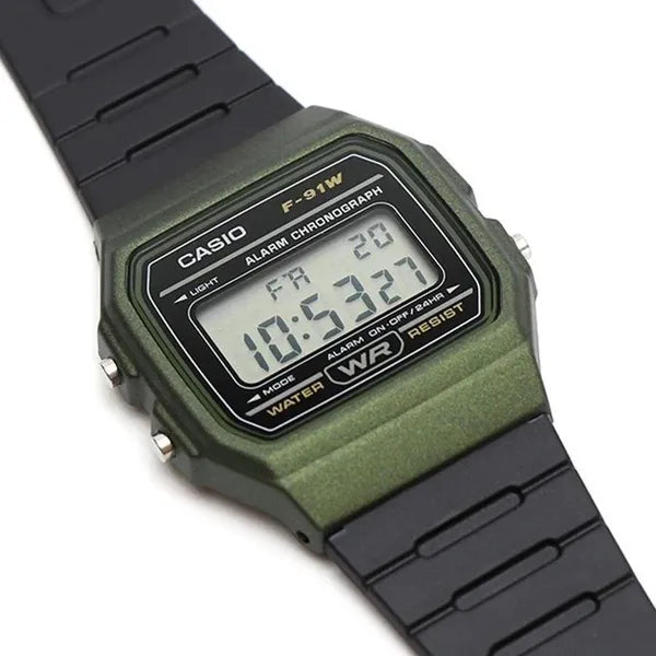 Casio F-91WM-3AER férfi digitális karóra, zöld tok, fekete szíj, 100 m