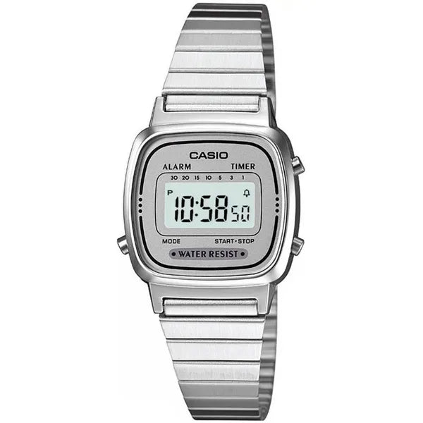 Casio Vintage LA670WA-7D női digitális karóra ezüst, rozsdamentes, WR30
