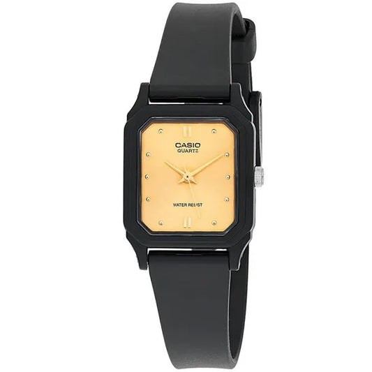 Casio LQ-142E-9A női karóra, arany számlap, fekete műanyag szíj, WR30