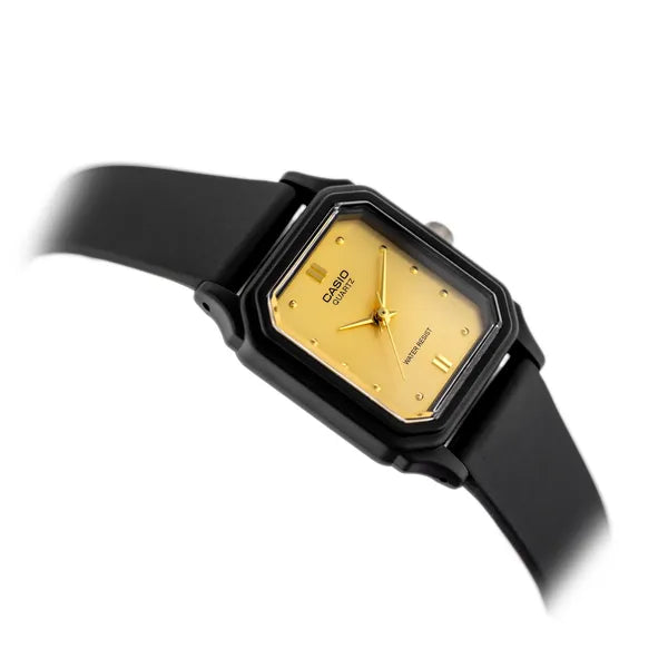 Casio LQ-142E-9A női karóra, arany számlap, fekete műanyag szíj, WR30