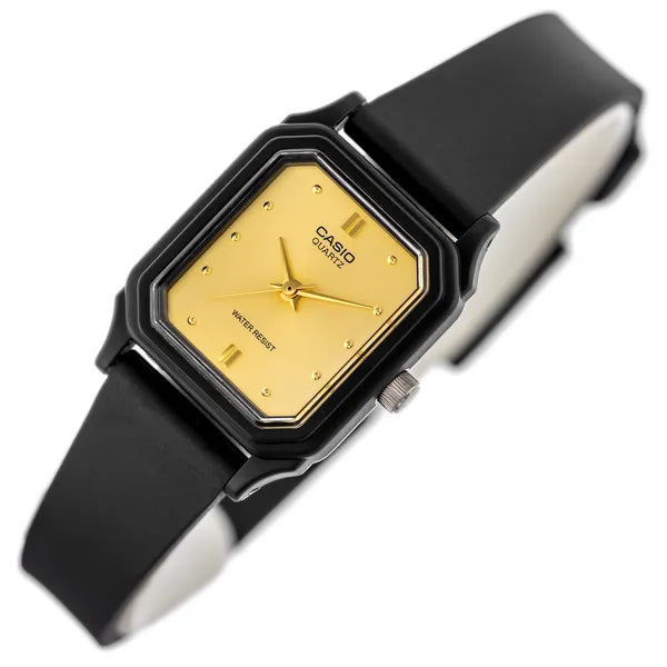 Casio LQ-142E-9A női karóra, arany számlap, fekete műanyag szíj, WR30