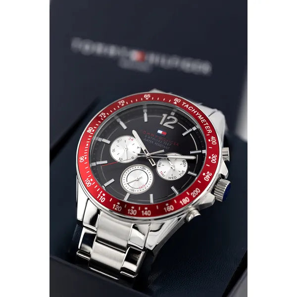 Tommy Hilfiger férfi karóra 46 mm, rozsdamentes acél, 5 ATM, fekete/piros
