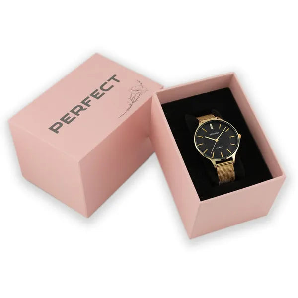 Női arany színű karóra fekete számlappal, kvarc, 36 mm, díszdoboz