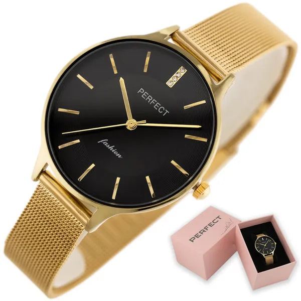 Női arany színű karóra fekete számlappal, kvarc, 36 mm, díszdoboz