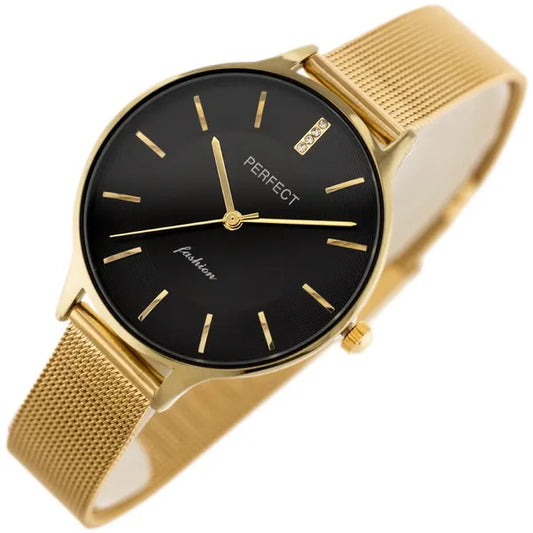 Női arany színű karóra fekete számlappal, kvarc, 36 mm, díszdoboz