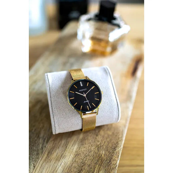 Női arany színű karóra fekete számlappal, kvarc, 36 mm, díszdoboz