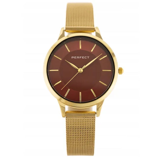 Perfect F359-06 női karóra arany szíjjal, piros számlappal, 34 mm