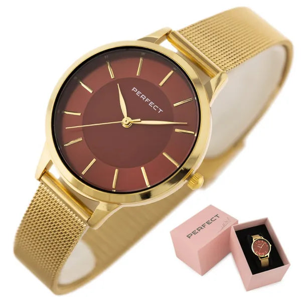 Perfect F359-06 női karóra arany szíjjal, piros számlappal, 34 mm