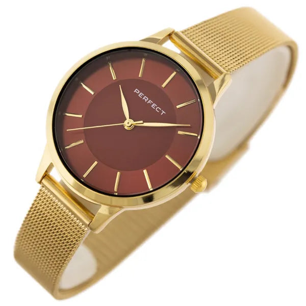 Perfect F359-06 női karóra arany szíjjal, piros számlappal, 34 mm