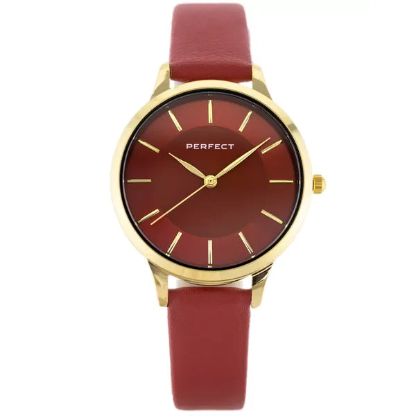 Perfect női karóra, piros számlap, arany tok 34 mm, bőr szíj, quartz