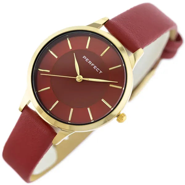 Perfect női karóra, piros számlap, arany tok 34 mm, bőr szíj, quartz