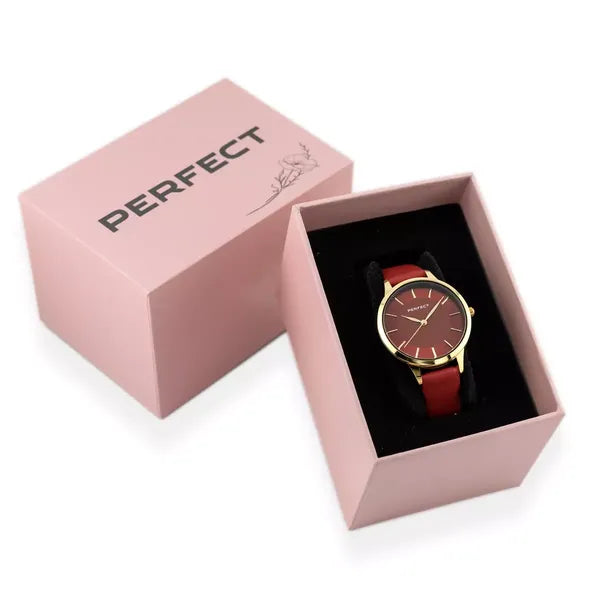 Perfect női karóra, piros számlap, arany tok 34 mm, bőr szíj, quartz