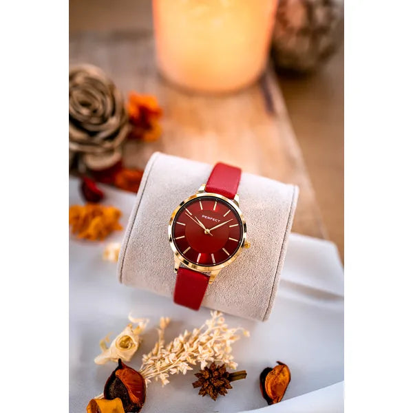 Perfect női karóra, piros számlap, arany tok 34 mm, bőr szíj, quartz