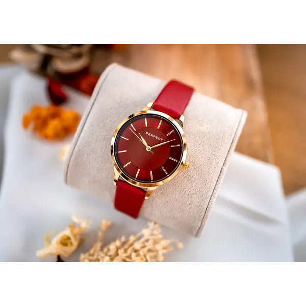 Perfect női karóra, piros számlap, arany tok 34 mm, bőr szíj, quartz