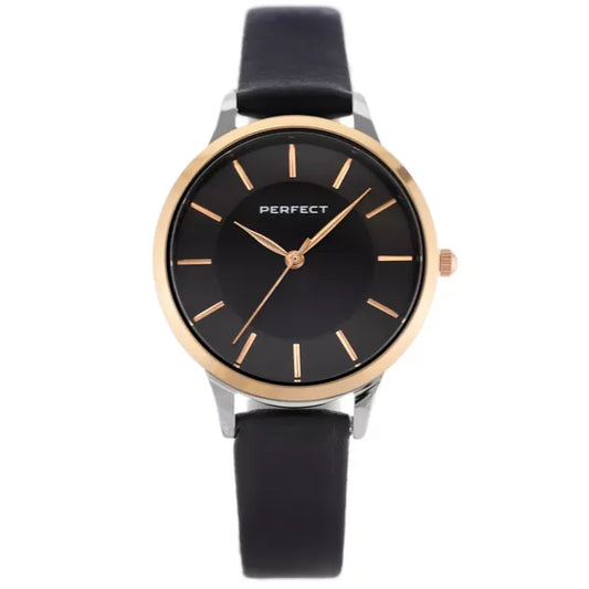 Női kvarc karóra, 34 mm, fekete számlap, bőr szíj, ajándék dobozzal