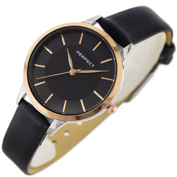 Női kvarc karóra, 34 mm, fekete számlap, bőr szíj, ajándék dobozzal