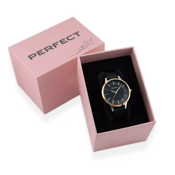 Női kvarc karóra, 34 mm, fekete számlap, bőr szíj, ajándék dobozzal