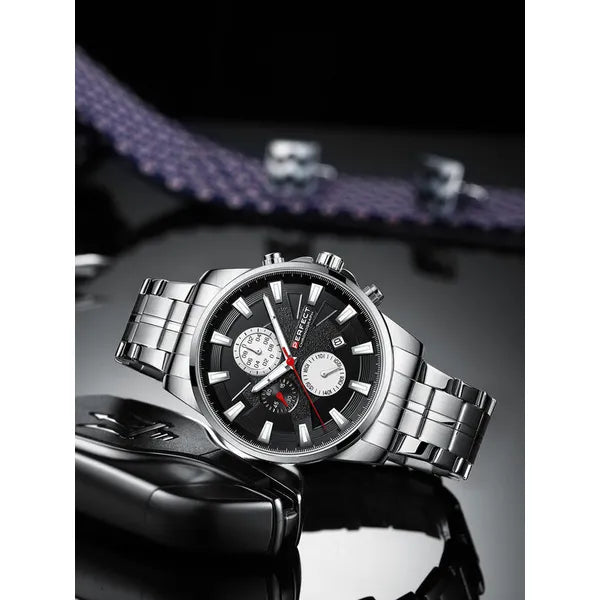 Férfi karóra Perfect M503CH, chronograph, ezüst fémszíj, fekete számlap