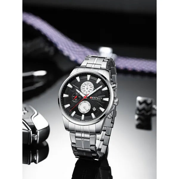 Férfi karóra Perfect M503CH, chronograph, ezüst fémszíj, fekete számlap