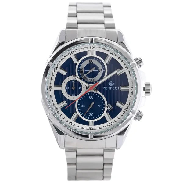 Férfi kronográf kvarc karóra, ezüst acél szíj, kék számlap, 44 mm