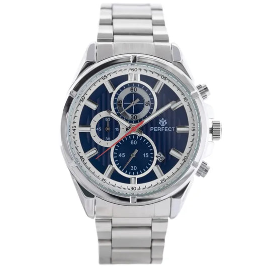 Férfi kronográf kvarc karóra, ezüst acél szíj, kék számlap, 44 mm