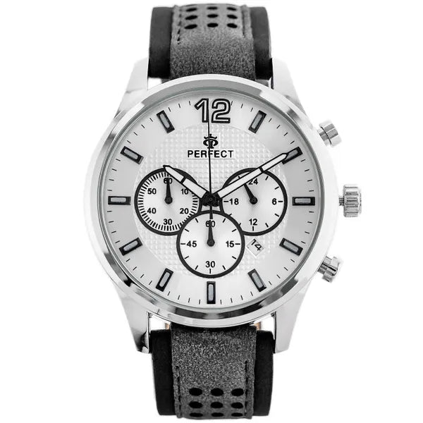 Férfi kronográf karóra Perfect CH01L, kvarc, bőrszíj, ezüst 44 mm