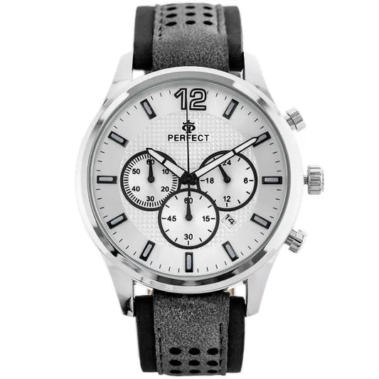 Férfi kronográf karóra Perfect CH01L, kvarc, bőrszíj, ezüst 44 mm