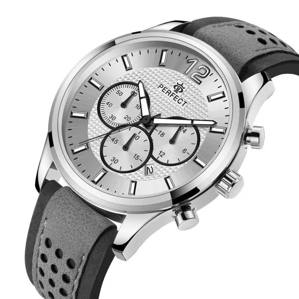 Férfi kronográf karóra Perfect CH01L, kvarc, bőrszíj, ezüst 44 mm