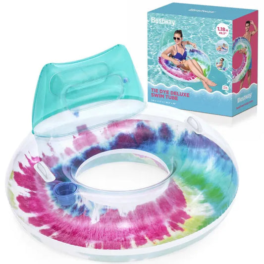 Bestway Tie Dye felfújható úszógumi háttámlával, italtartóval, 118 cm