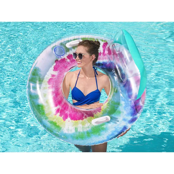 Bestway Tie Dye felfújható úszógumi háttámlával, italtartóval, 118 cm