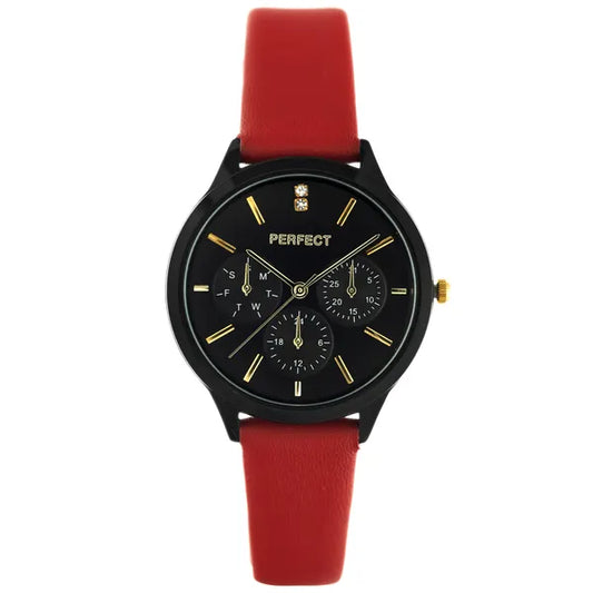 Női karóra, Perfect E372-07, fekete számlap, piros bőrszíj, 36 mm