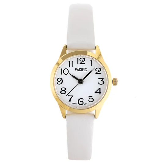 Női karóra Pacific X6131-04, 26 mm, arany tok, fehér bőrszíj, quartz