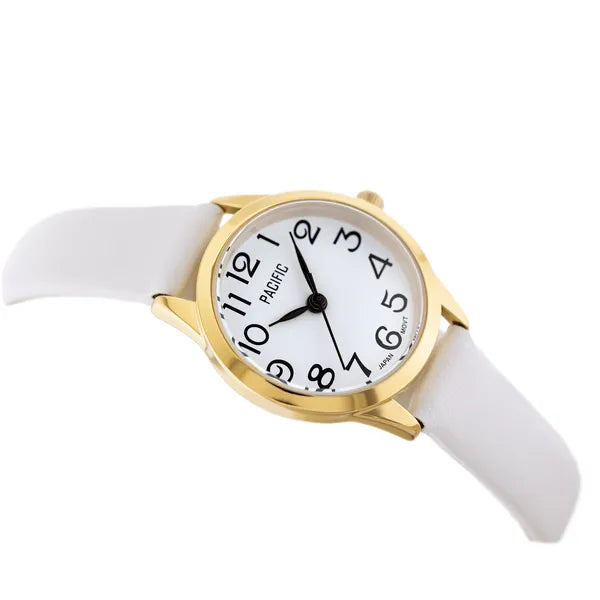 Női karóra Pacific X6131-04, 26 mm, arany tok, fehér bőrszíj, quartz