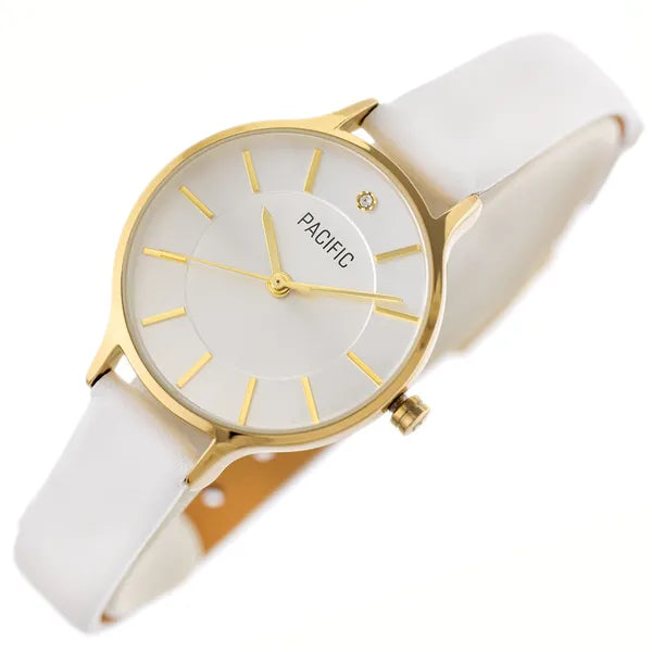 Pacific női karóra arany tokkal, ezüst számlappal, fehér bőrszíj 30 mm