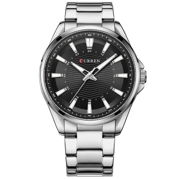 Curren 8424 férfi karóra, ezüst rozsdamentes szíj, fekete számlap, quartz