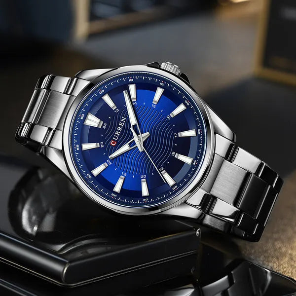 Curren 8424 férfi karóra, 44 mm, ezüst acél szíj, kék számlap, WR30, díszdoboz
