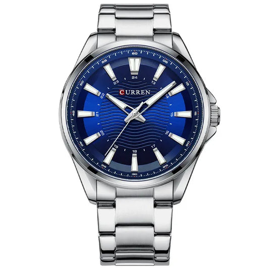 Curren 8424 férfi karóra, 44 mm, ezüst acél szíj, kék számlap, WR30, díszdoboz
