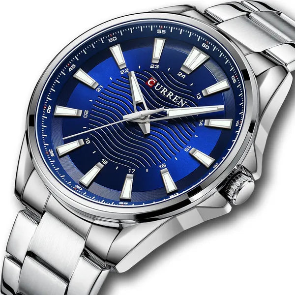 Curren 8424 férfi karóra, 44 mm, ezüst acél szíj, kék számlap, WR30, díszdoboz