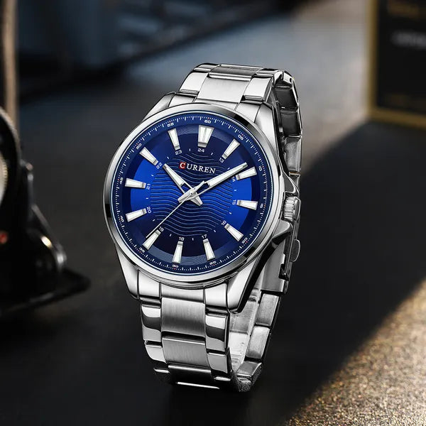Curren 8424 férfi karóra, 44 mm, ezüst acél szíj, kék számlap, WR30, díszdoboz