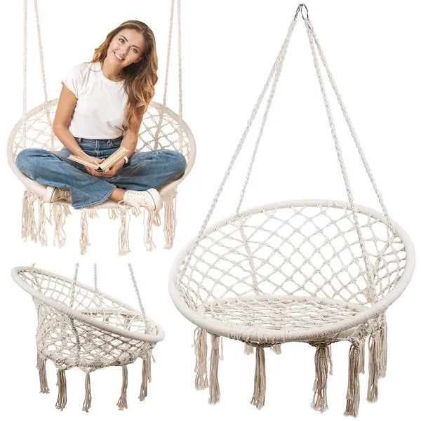 Bézs boho függőszék „gólyafészek”, 120 kg, fém keret, kültérre-beltérre